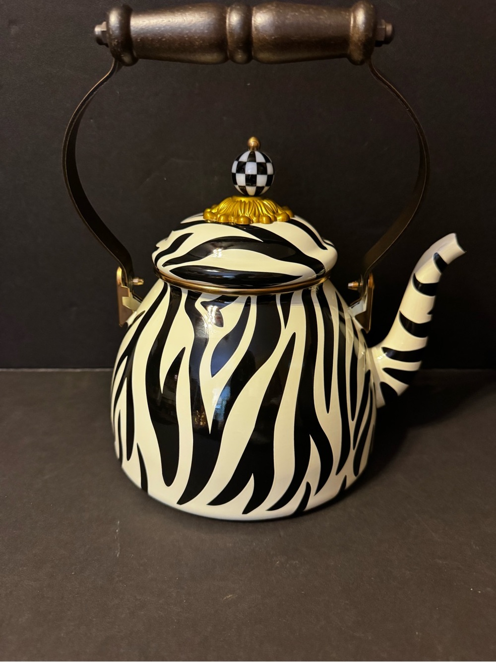 MacKenzie-Childs Black and Cream Zebra-Stripe Decorative Teapot with Gold Accent